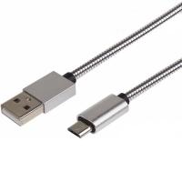 USB кабель microUSB, шнур в металлической оплетке, серебристый REXANT