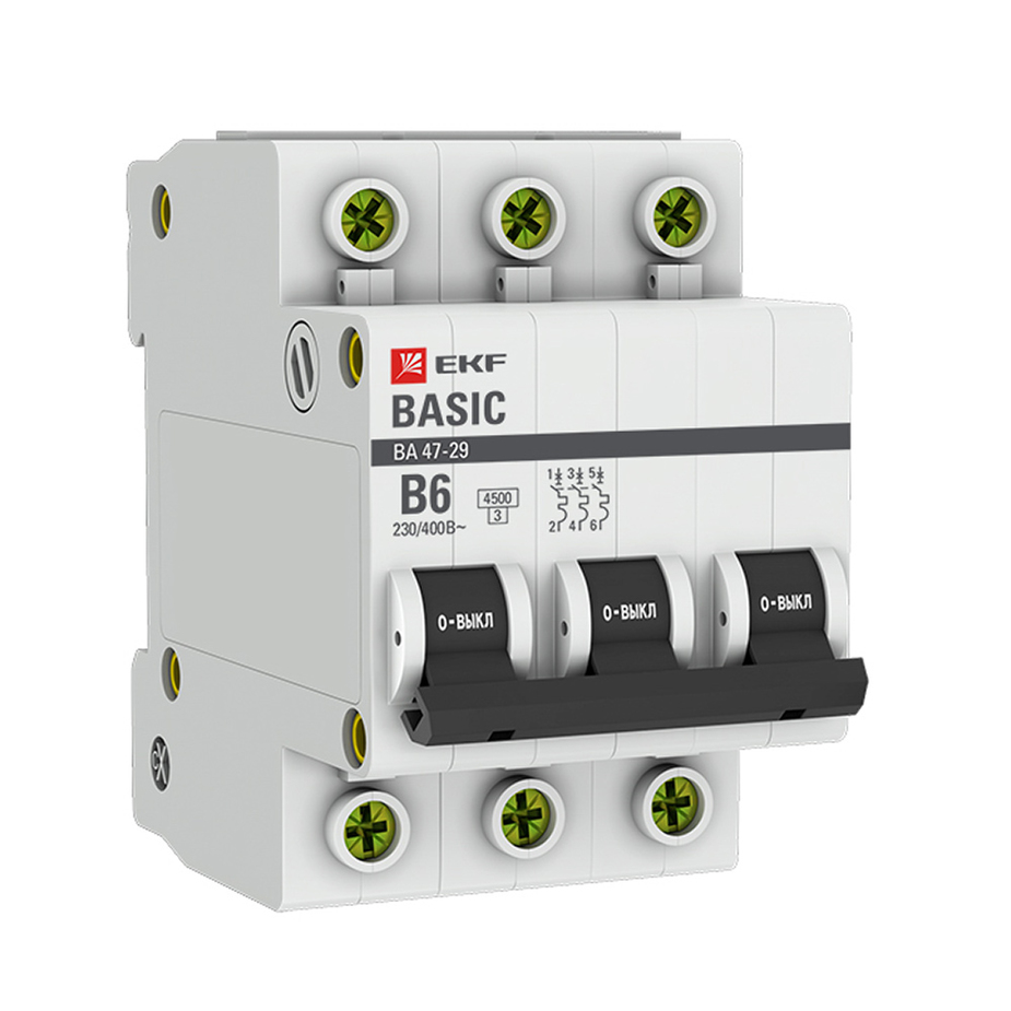 Автоматический выключатель EKF (mcb4729-3-06-B) 3P 6А тип В 4,5 кА 230 В на DIN-рейку