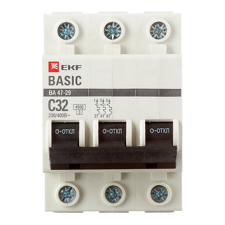 Автоматический выключатель EKF ВА 47-29 (mcb4729-3-32C) 3P 32А тип С 4,5 кА 400 В на DIN-рейку