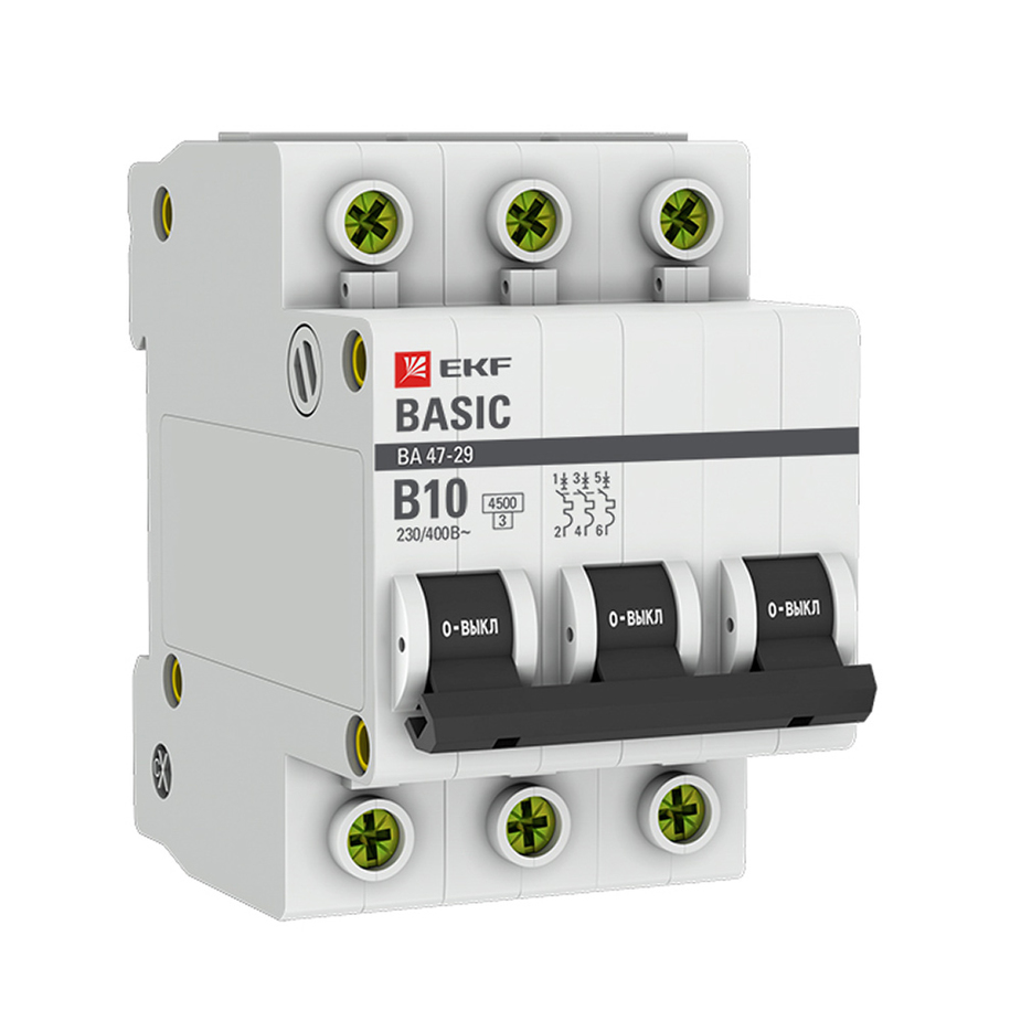 Автоматический выключатель EKF (mcb4729-3-10-B) 3P 10А тип В 4,5 кА 230 В на DIN-рейку
