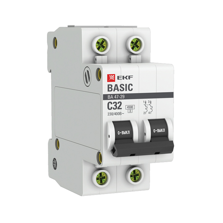Автоматический выключатель EKF (mcb4729-2-32C) 2P 32А тип С 4,5 кА 400 В на DIN-рейку