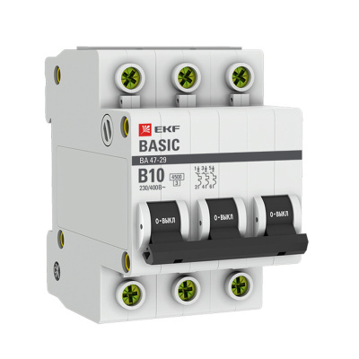 Автоматический выключатель EKF (mcb4729-3-10-B) 3P 10А тип В 4,5 кА 230 В на DIN-рейку