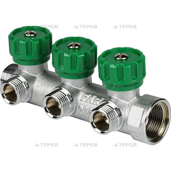 FAR Коллектор распределительный 3/4", проходной, хромированный, 3 отвода 1/2" плоское уплотнение